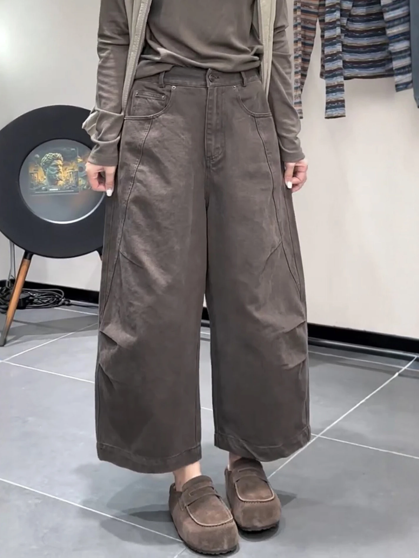 High Waist Wide Leg Jeans Women's Autumn New Style Casual Washed Denim Pants Elastic Waist Nine Points Knife  Commute