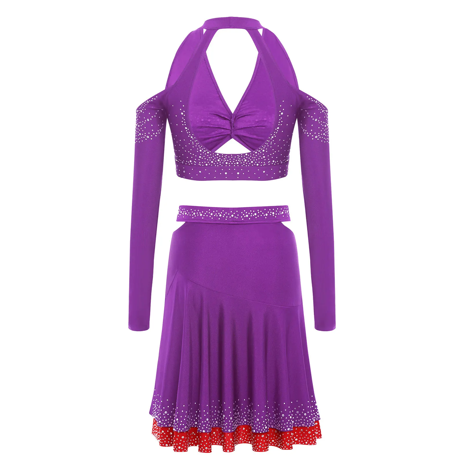 Donne Jazz Balletto Abiti da ballo latino Strass Halter Manica lunga Crop Top con gonna Pattinaggio lirico Performance Dancewear