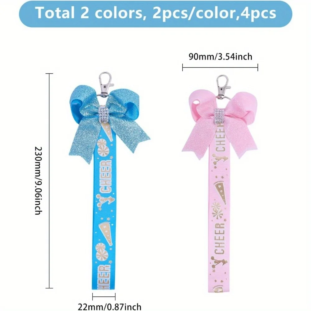 4 Pcs Cheer Bow Keychain Pom Pom Holder Cheer Pin Holder With Glitter Bow Cheerleader Tags Cheerleader Bow Keychains for