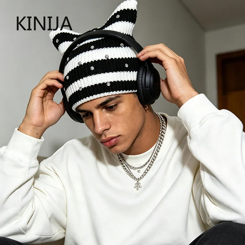 Luxuriöse Strickmütze mit Strassperlen, koreanische Damenmütze mit Katzenohren, Wintermode, verdickte warme Beanie-Mütze, Streetwear