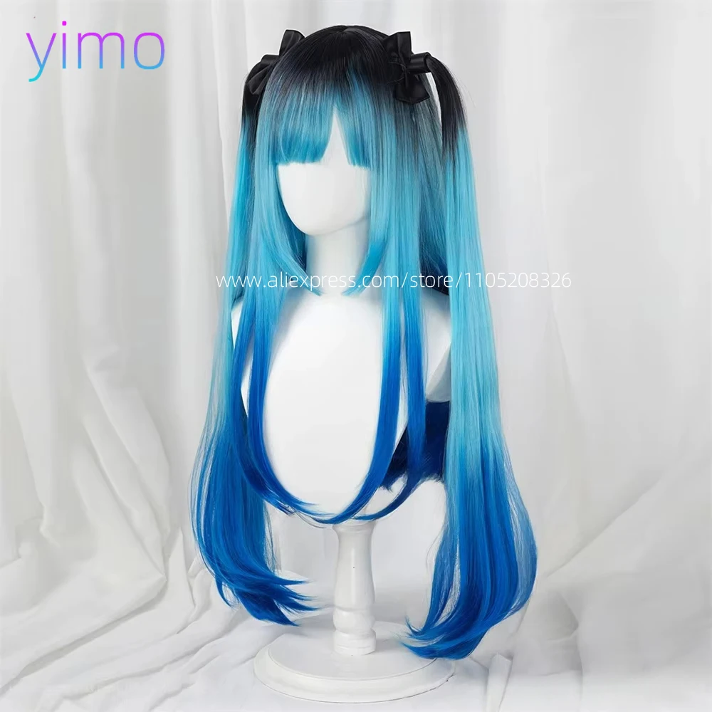 애니메이션 아메미야 다루미 코스프레 가발 85cm 긴 검정색 파란색 염색 가발 여성용 내열성 합성 머리 의상 코스프레 가발
