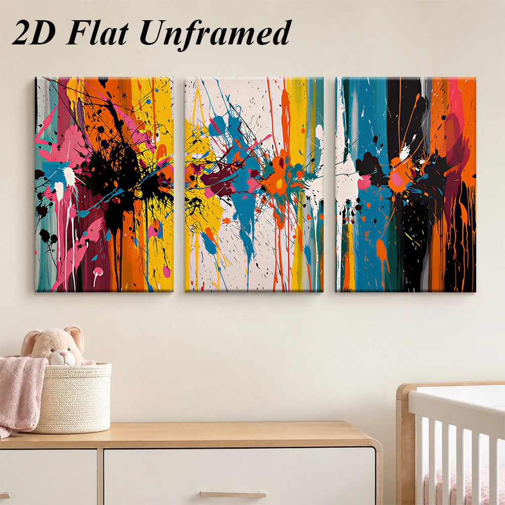 3Pcs Colorful Splatter Abstract Canvas Wall Art Modern Paint Splash Painting for Living Room Decor
