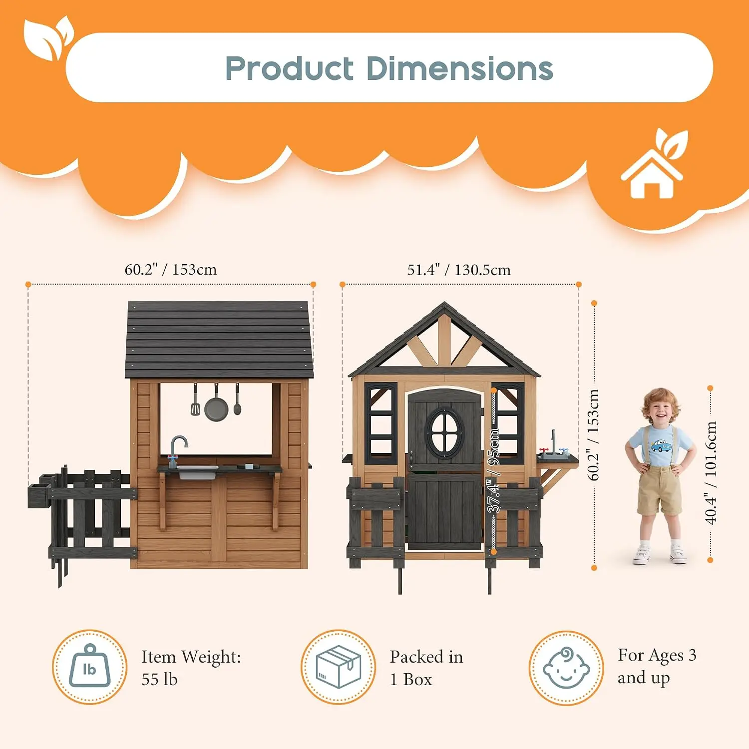 Albott Outdoor Wooden Playhouse for Kids, Backyard Cottage with Fence | Pretend Playhouse with Kitchen Playset, Dutch Door, Pet