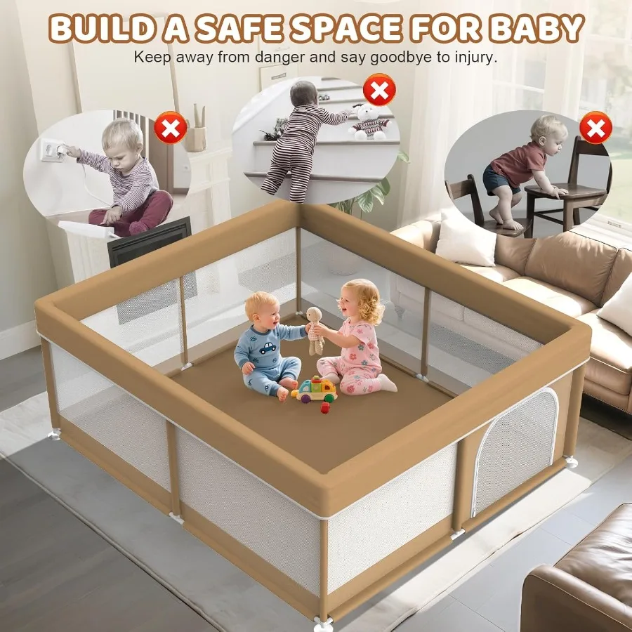 بيبي بلاي يارد 79x71 بوصة - روضة أطفال كبيرة للأطفال - روضة أطفال مع شبكة مرئية وباب بسحاب - مع مقبضين وحقيبة تخزين