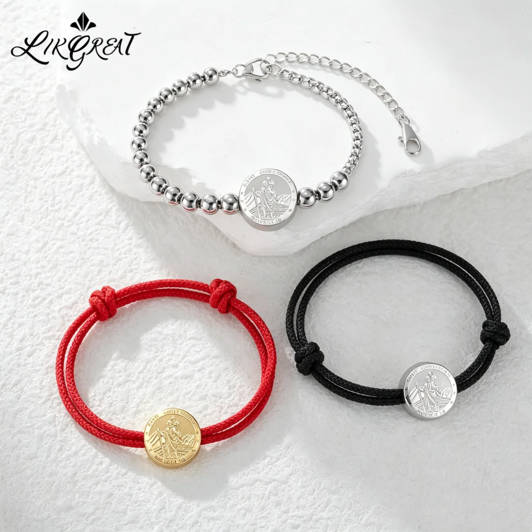 Saint Christopher Protect Us Bracelet Religious Travel Guardian Jewelry Adjustable Cord/Bead Chain Stainless Steel Catholic Amul