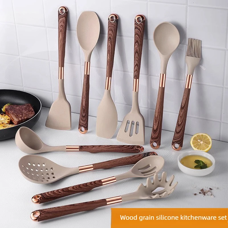 Silicone Wood Grain Kitchenware 11-piece Set Non-stick Pan, Spoon Set, Anti-scalding Wood Grain Handle Cooking Utensils