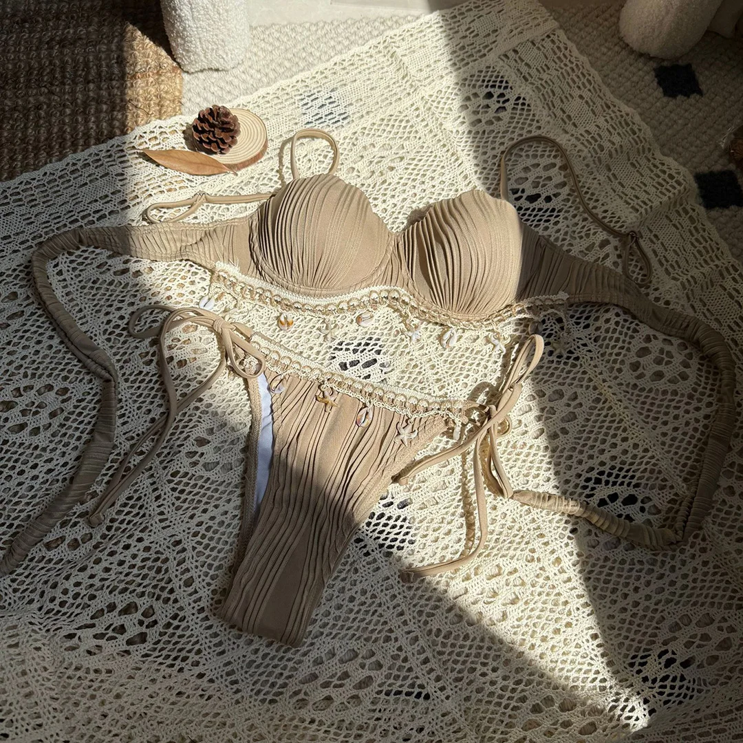 Shell Bikini mit geriffeltem, gewelltem Schnitt und Bügel, Damen-Badeanzug, zweiteiliges Bikini-Set, Badebekleidung, Badeanzug, Modell V6498C. – Detail 21