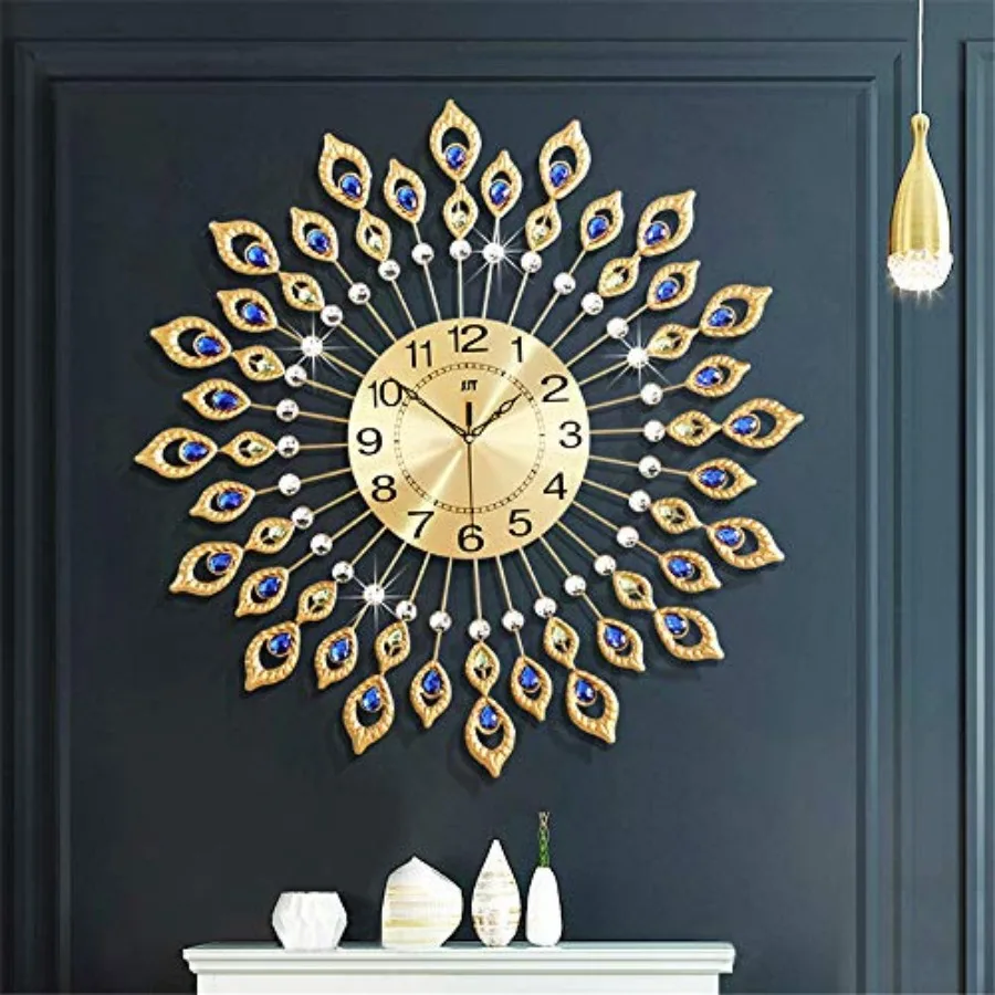 

Large Wall Clock for Living Room Decor, 24 Inch Big Decorative Crystal Peacock Wall Clock Battery Operated Non Ticking for Kitc