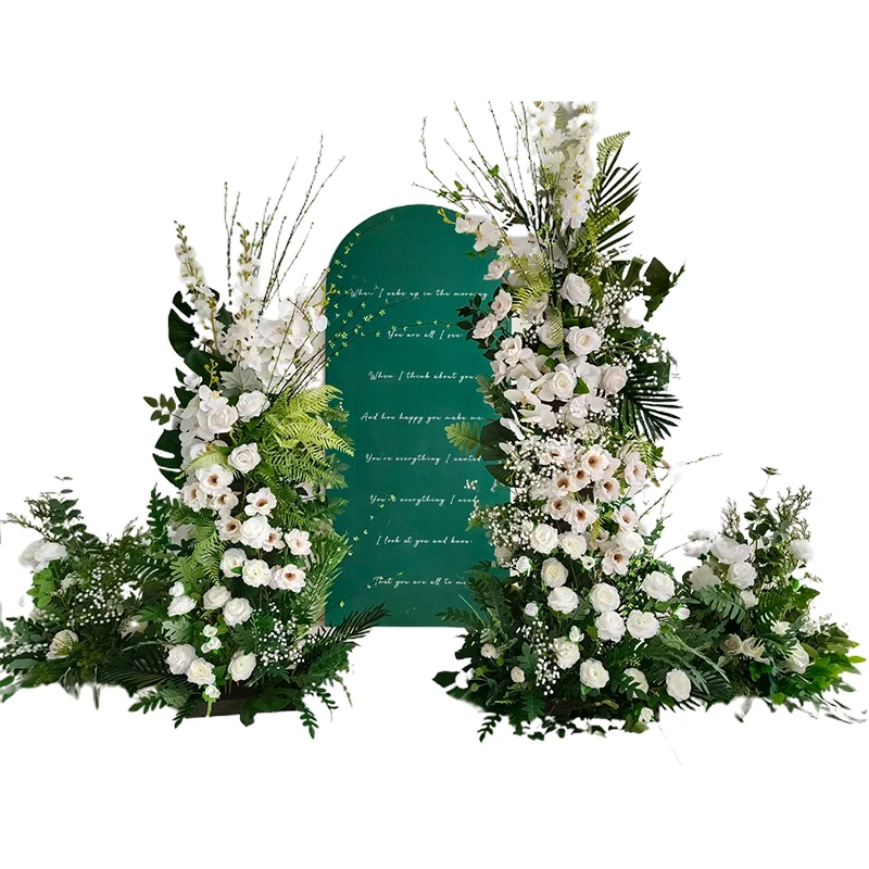 5D الأبيض الحدث الزفاف خلفية قوس Kt مجلس ديكور تشكيلة الأزهار النباتات الخضراء ورقة الورد Babysbreath الممر الطابق زهرة #5