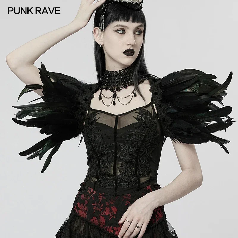 PUNK RAVE Women's Gothic Dark Decadent Faux Feather Shoulder Accessory Gloomy and Mysterious Party Club Black Wraps