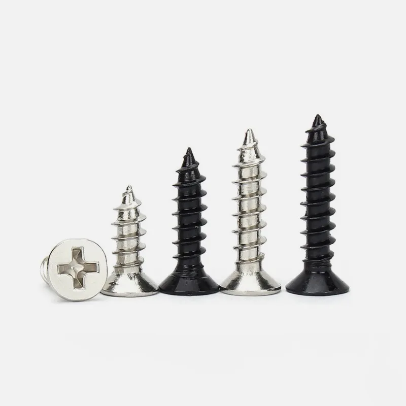 Viti per legno autofilettanti Phillips a testa piatta M1M1.2M1.4M1.7M2.3M2.6M3 Viti ultrasottili Phillips in acciaio al carbonio nichelato/nero