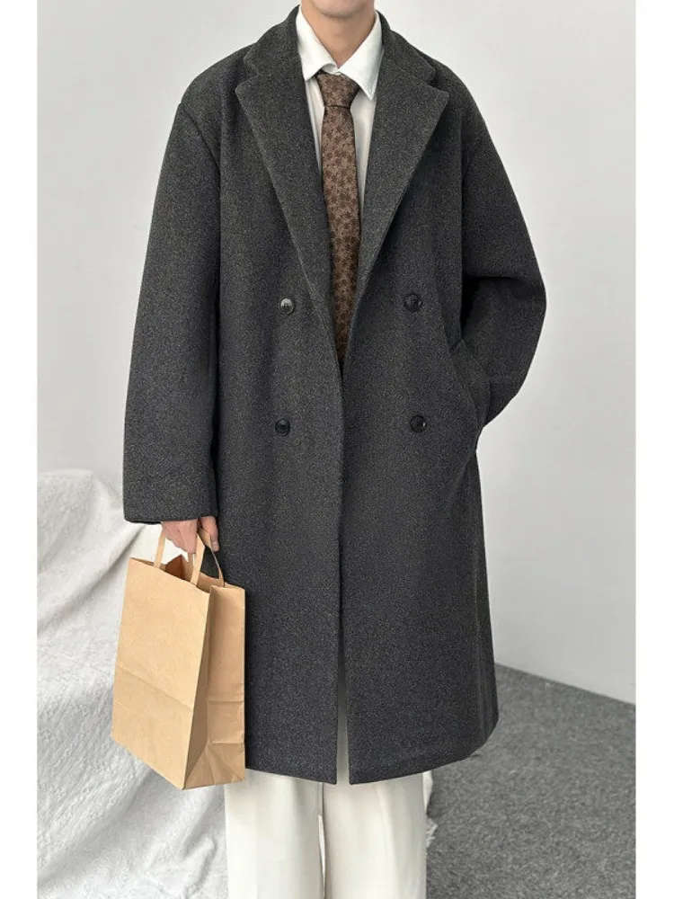 

Men's Mid-Length Woolen Coat Autumn Winter Faion Double-Breasted Coat Warm Sli Long Over-Knee Briti Sle Windbreaker