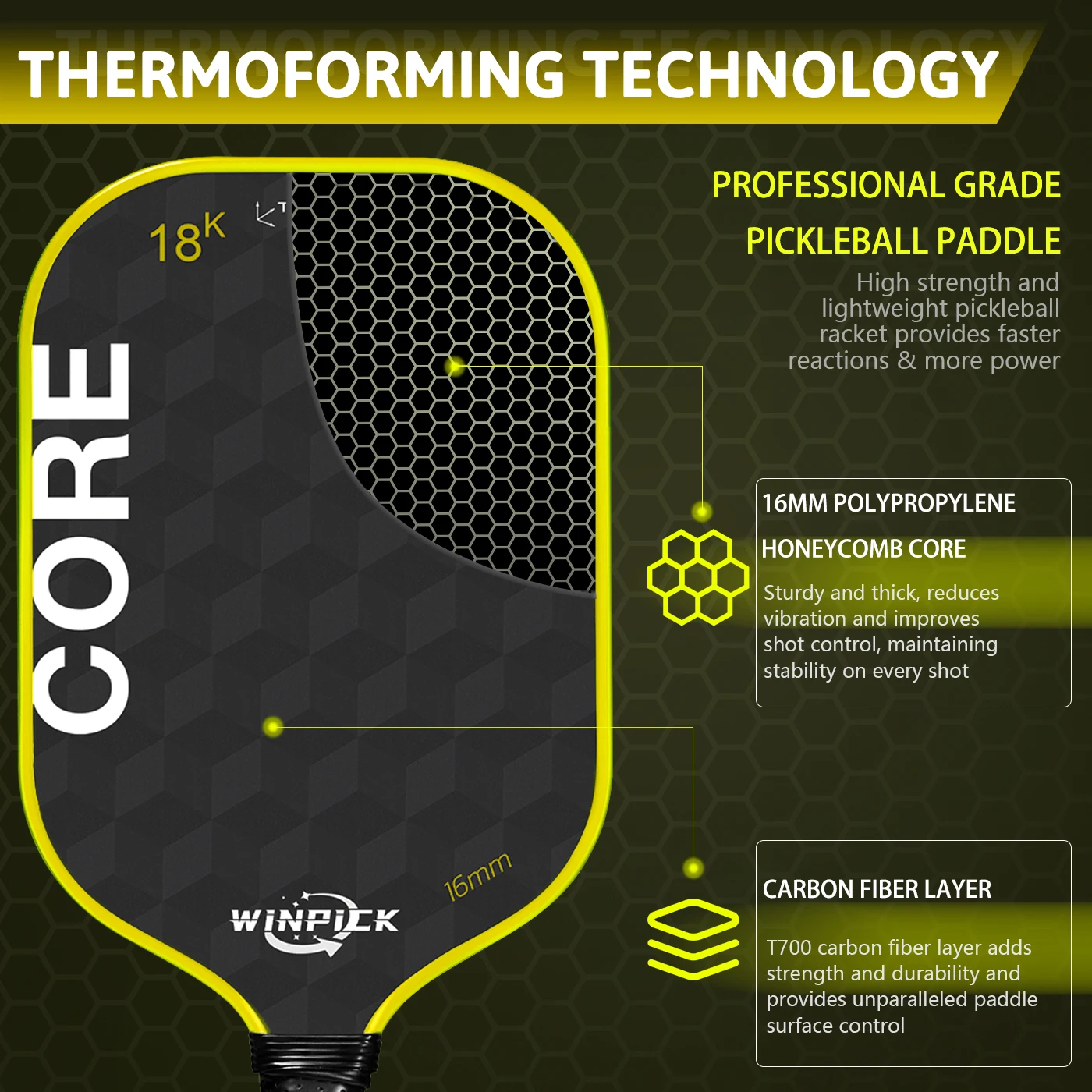 WINPICK Pickleball Paddles 18K Raw Carbon Fiber T700 Surface USAPA Approved 16mm for Spin & Control Paddle Racket Thermoformed