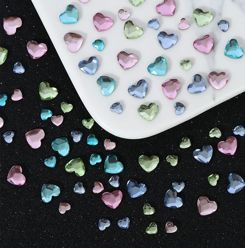 100pcs Nail Flat Bottom Diamond Heart Diamond Super Flash Multi cut Diamond Pink Lake Blue Green Nail Diamond Jewelry