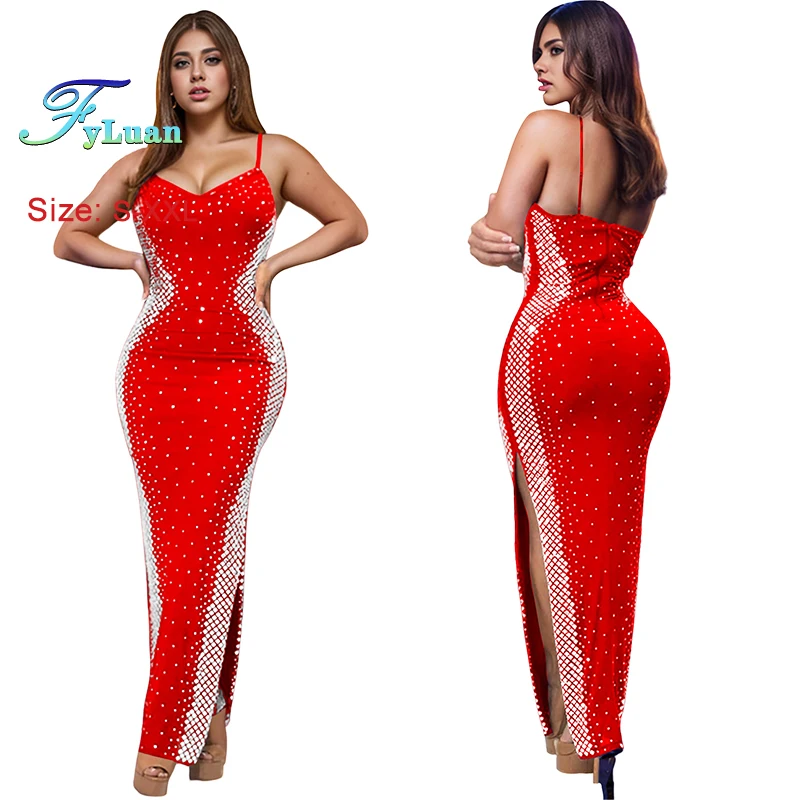 FyLuan セクシーなサスペンダースカート レディース ロングドレス レースアップ ディープVネック セクシー ハイサイドスリット フリルドレス カクテル プロム 誕生日ドレス