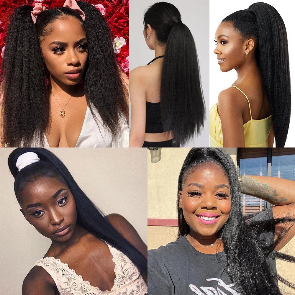 AZQUEEN Synthetic Long Afro Yaki Straight Ponytail HairPieces With Elastic Band Drawstring Clip Pony Tail False Hair Extension