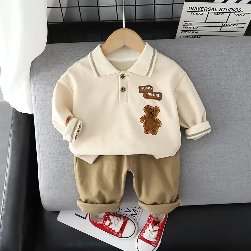 Autumn Children\'s Clothes Boys Suit Lapel Long Sleeve Cartoon T-Shirt + Casual Pants 2 Pieces Baby Set