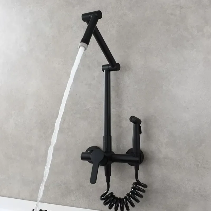 Modern Brass Wall Hot and Cold Kitchen Faucet with Flush Spray Set Dish/Laundry Basin Extended Swivel Folding Design