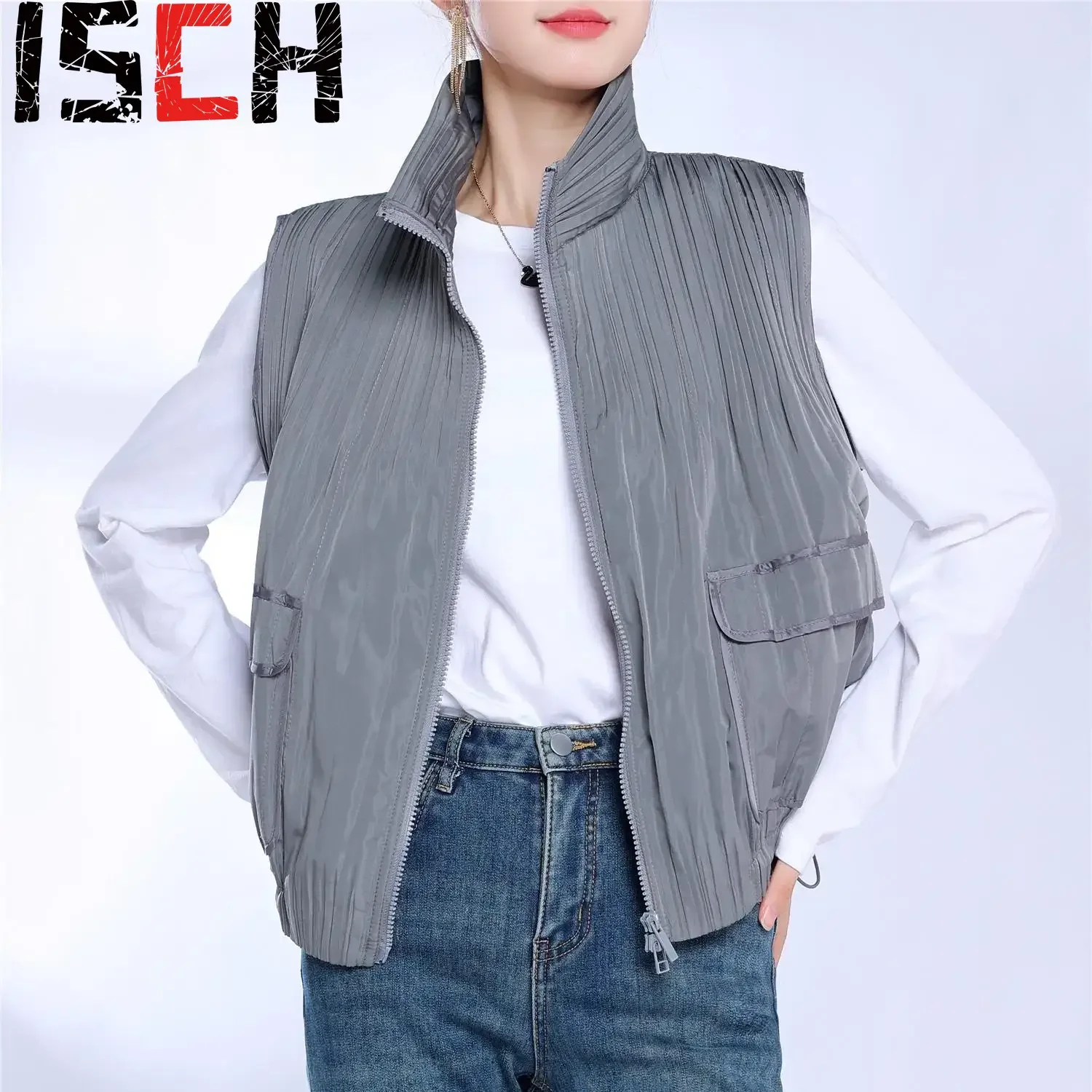 Pleats Pleated Vest Fall Outer Women Zipper Undershirt Tops Fall and Winter Japanese Loose Short Shoulder Jacket Women Clothing