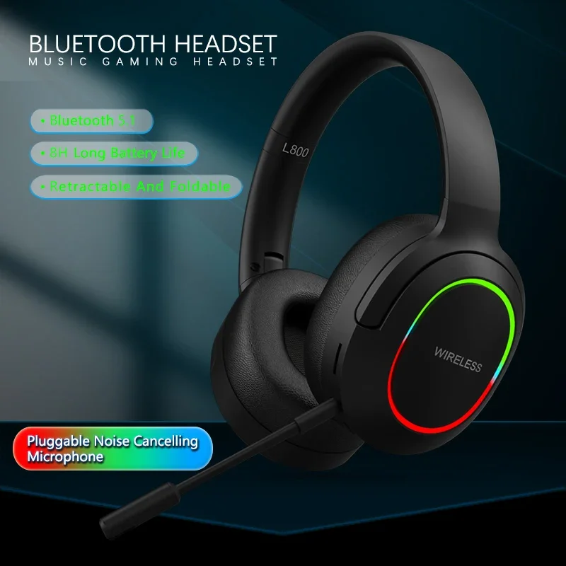 

Bluetooth Headphone Headset V5.1 Foldable Wireless Earphone Earbuds Overhead Noise Cancelling Gaming Led Light Support TF Card