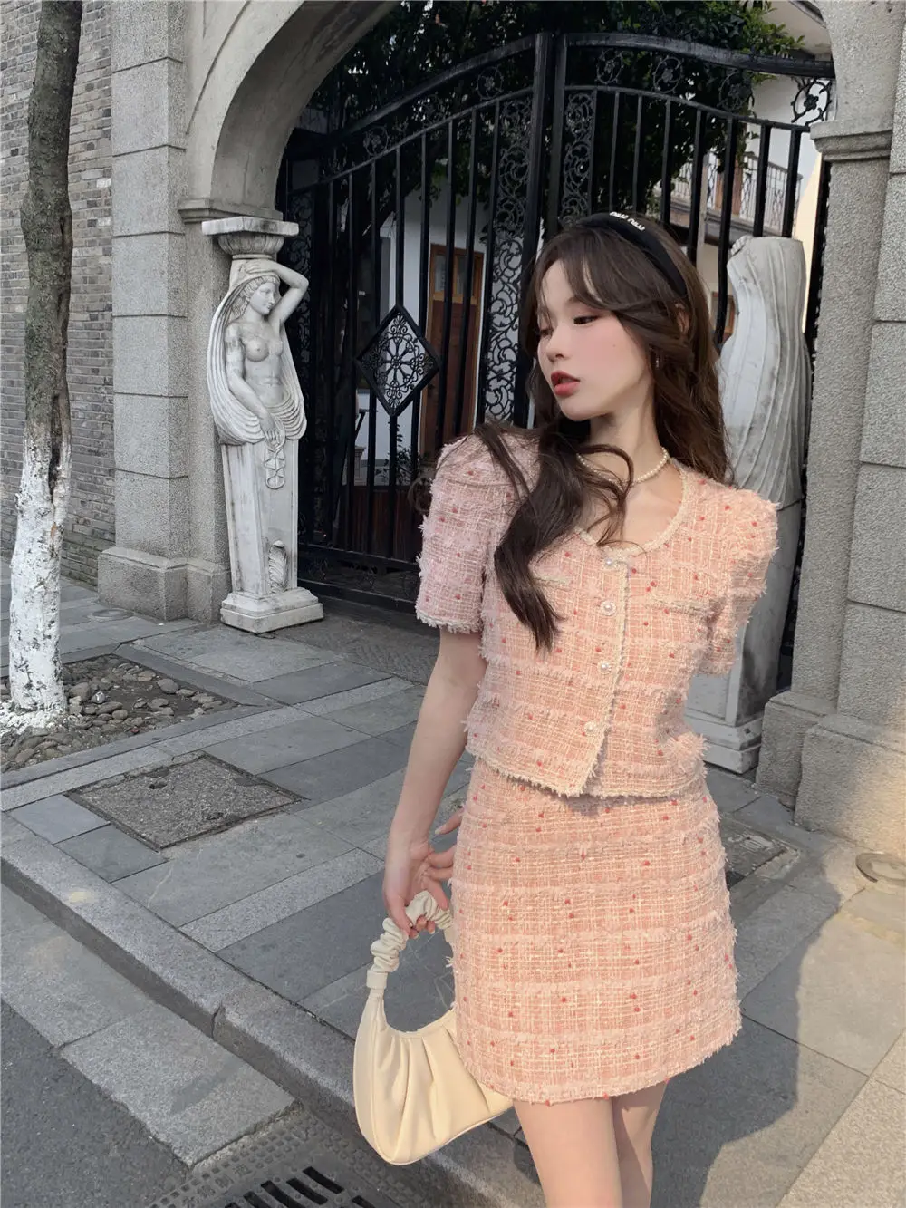 Chic Style Two-Piece Set for Women Female Lady, Summer New Korean Elegant Single-Breasted Top + Pink Pencil Skirt for Petite