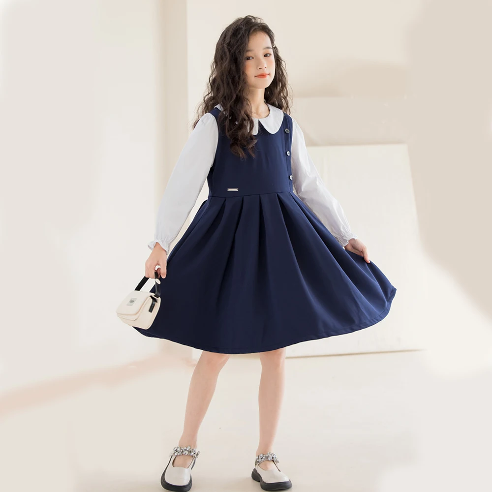 

От 4 до 14 лет детское ложное двухсекционное темно-синее платье для девочек, весеннее цельное платье в консервативном стиле с кукольным воротником для девочек-подростков, модная детская одежда