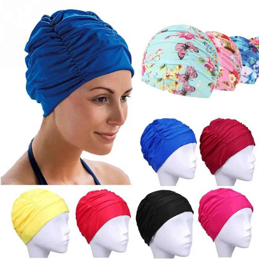 Hot Free size Ears Pleated Swimming Cap Elastic Nylon Turban Pool Bathing Hats Long Hair Protect