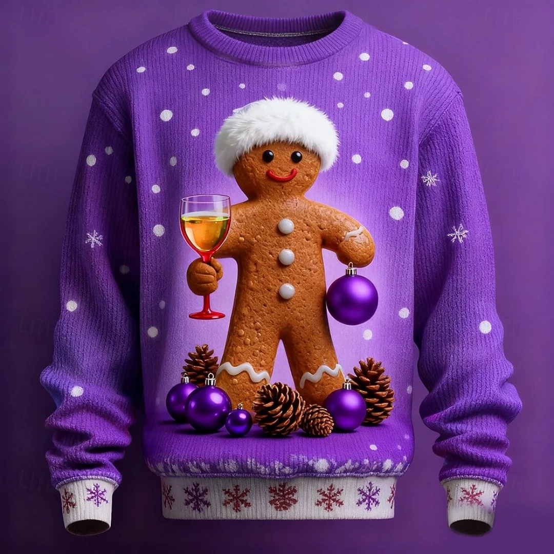 Suéter navideño con estampado 3D de copo de nieve de dibujos animados para hombre, suéter con cuello redondo, informal, Festival diario, novedad, mantiene el calor, manga larga