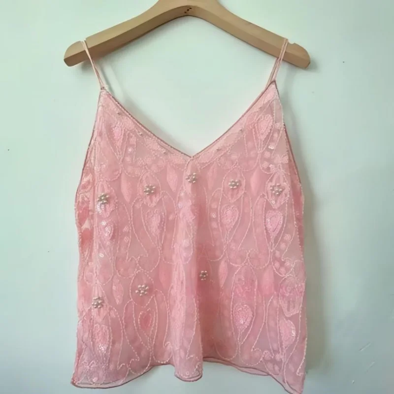 Women's Hot Sweet Sequin Bead Crop Tops Sexy Sling Slim Fit Short V-neck Straight Tank Top Korean Fashion Y2k Clothing image 6