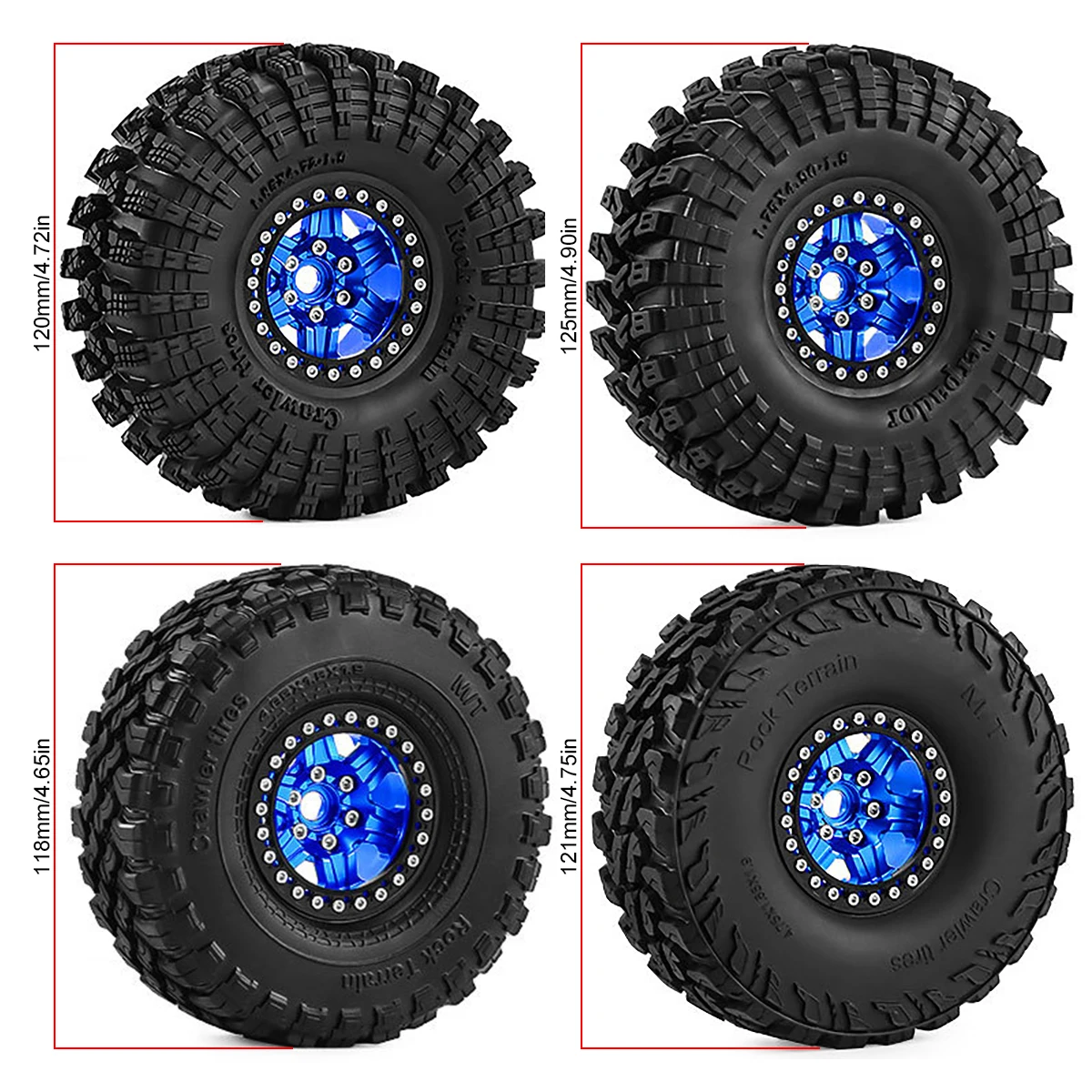 4pcs 1.9'' Beadlock Wheel Mud Terrain Tires for 1/10 RC Crawler Car Axial SCX10 TRX4 TRX6 Redcat GEN7/8 RC4WD D90 VS4-10 FCX MST