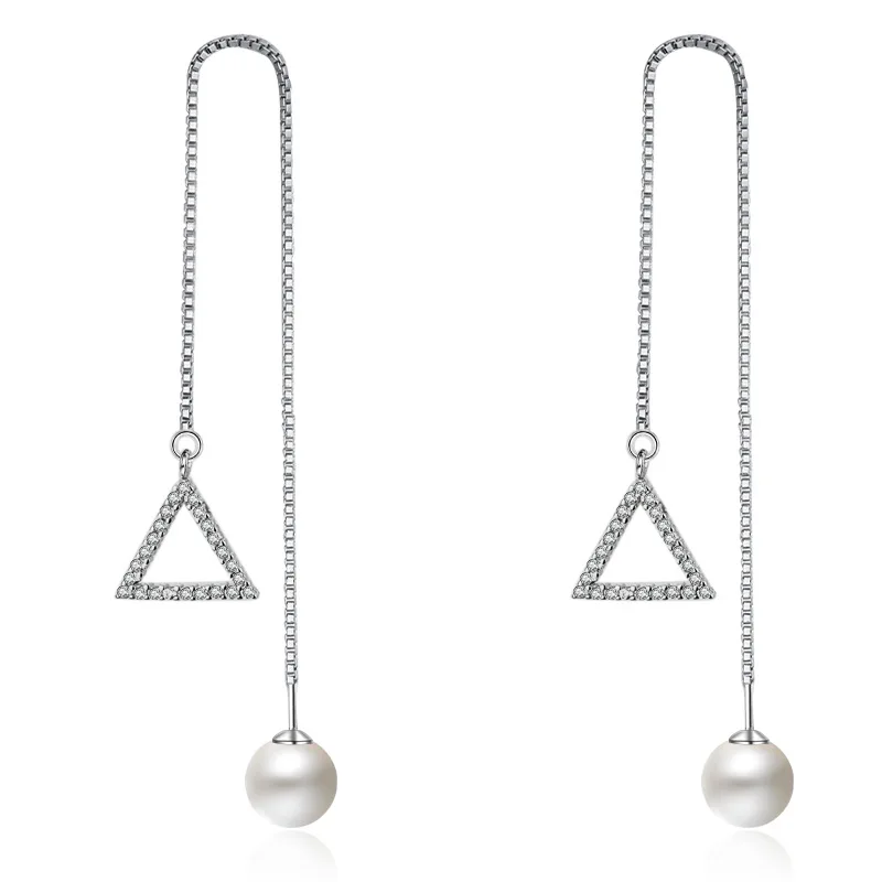 New Style Triangle Shaped Long Dangle Earrings 925 Sterling Silver Fashion Jewelry for Women Pearl Earrings
