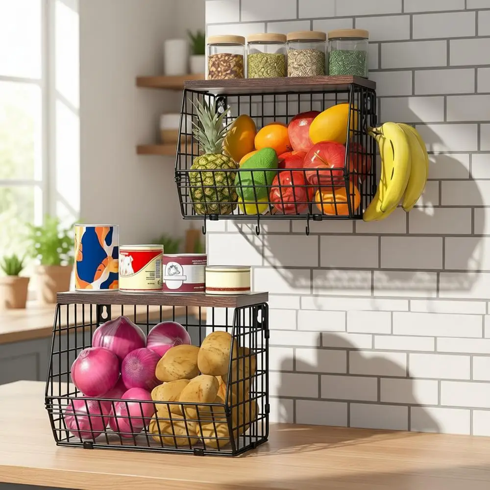 

Настенные подвесные корзины с деревянными крышками, крючками для бананов и отсеком для хранения лука для кухонной столешницы