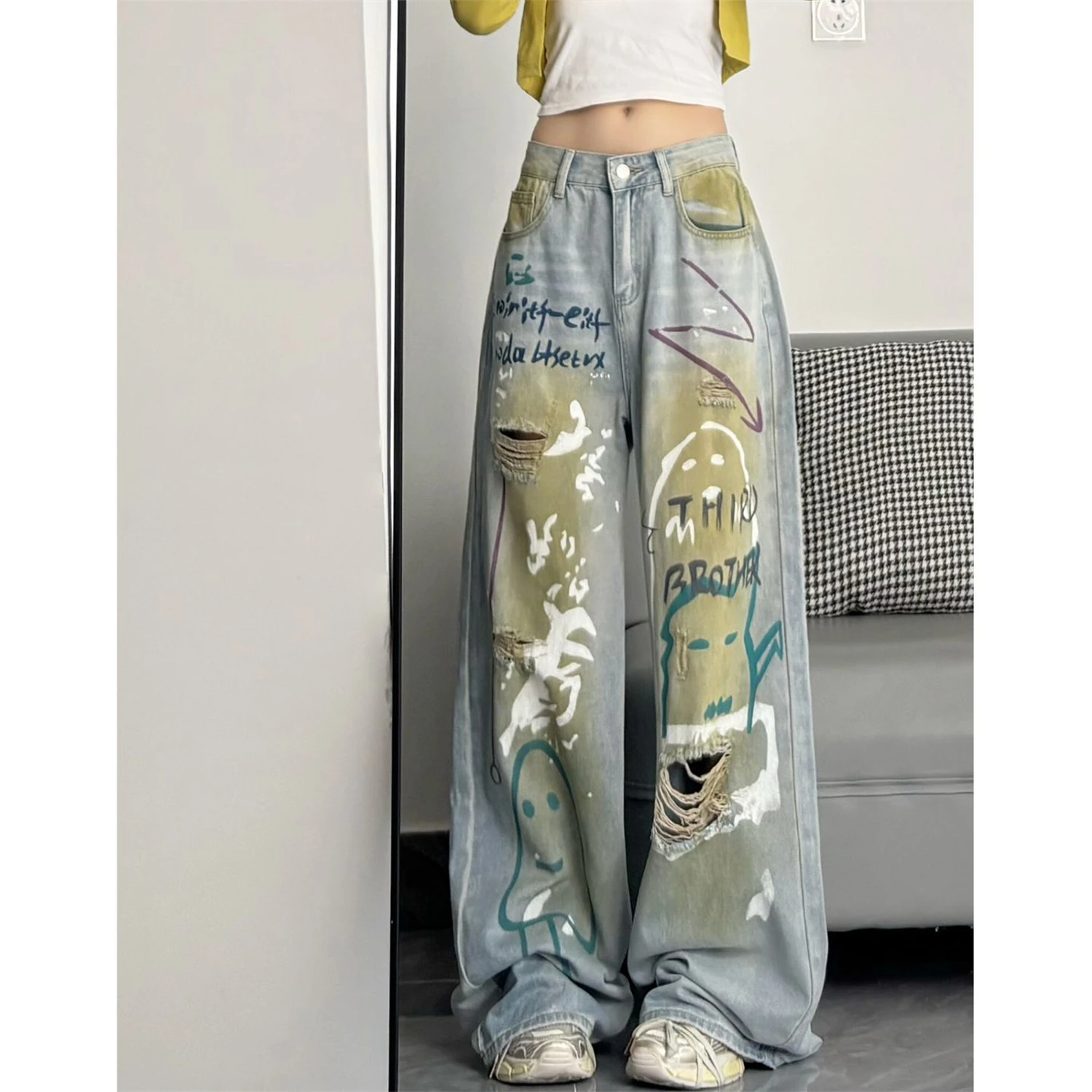Women's High Waist Wide Leg Light Blue Jeans Graffiti Print Distressed Ripped Vintage Washed Y2K Streetwear Denim Trousers