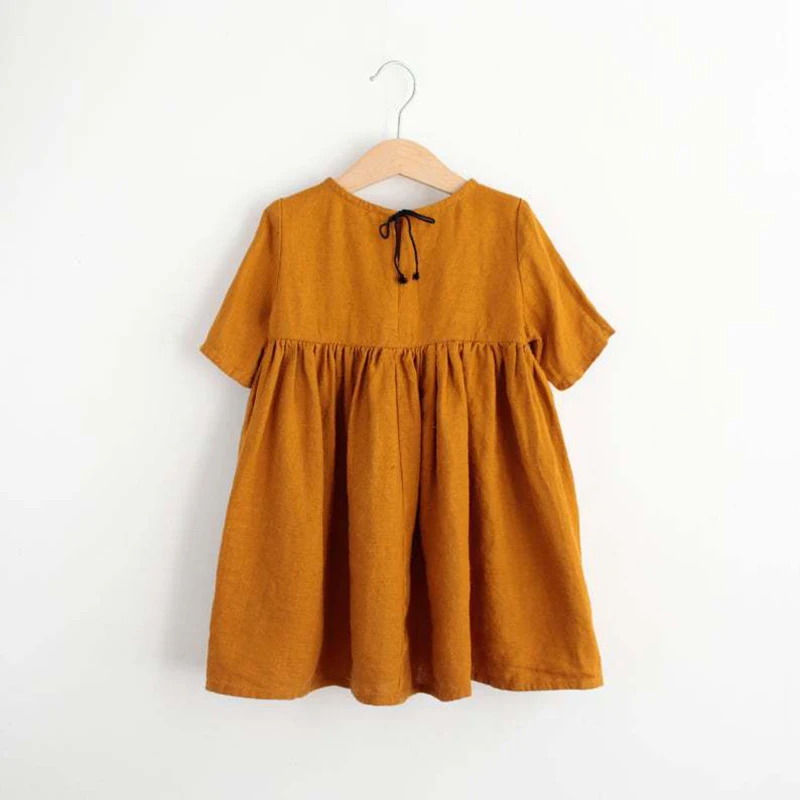 New Fashion Girls 100% Cotton Dress Solid Color Children\'s Casual Short-Sleeve Pleated Dresses WT016