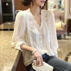 Fairy Wind Solid Color Lace Spliced Shirt Spring Autumn Long Sleeve Women's Hollow Out Chic Pearl Button Korean V-Neck Blouse