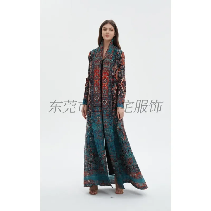 KAF Pleated Large Size Women Trench Coat 2024 Spring and Autumn New Vintage Printed Design Luxury Female Coat Arabian Abaya