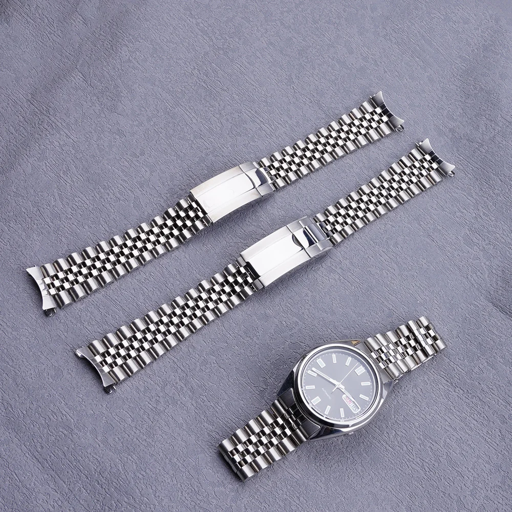 19mm Sliver Hollow Curved End Solid Screw Links Watch Band Jubilee Strap For Seiko 5 SNXS73 75 77 79