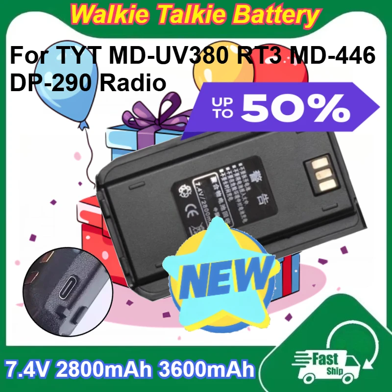 

For TYT MD-UV380 RT3 MD-446 DP-290 Radio 7.4V 2800mAh 3600mAh Walkie Talkie Li-ion Batteries Type-C Charging