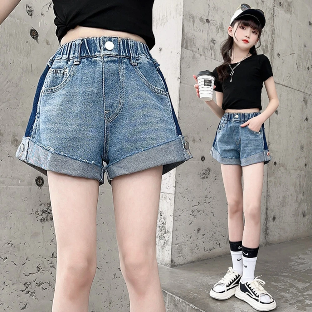 Summer Baby Girls Button Denim Shorts With Pocket Kids Elastic Waits Jean Shorts For Girls Age 5 6 7 8 9 10 11 12 13 14Years Old