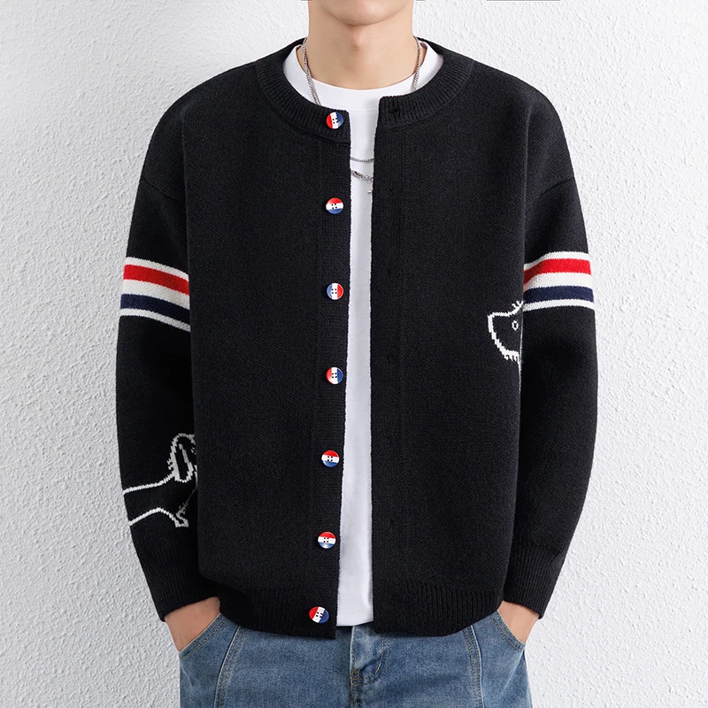 Designer Brand Long Sleeve Knitted Cardigan Men's New Trend Color Blocked Button Design Couple's Casual Warm Round Neck Coat