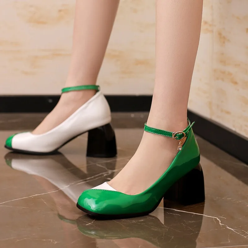Spring and Autumn New Styles Fashion High Heels Women's Shoes Shallow Mouth Buckle Color Blocking Square Heel Women's Shoes