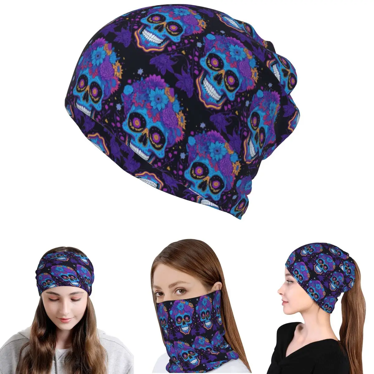 

Mexican Skull Calavera Illustration Bandana Neck Gaiter Wrap Scarf Warm Cycling Scarf Beanies Hat Unisex Adult Washable