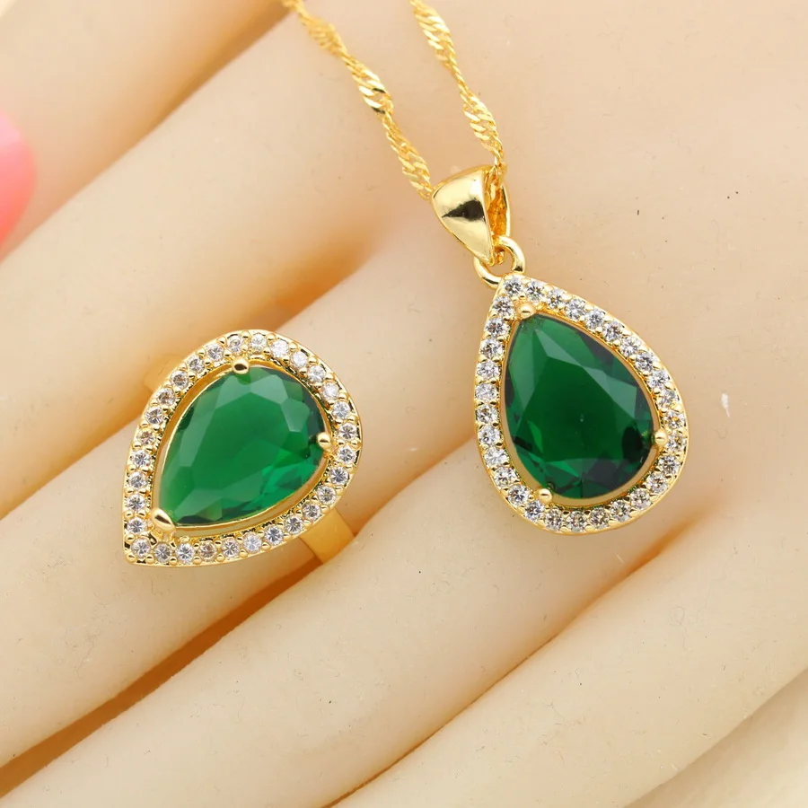 WPAITKYS Green Created Emerald White CZ Gold Color Jewelry Sets For Women Drop Earrings Necklace Pendant Rings Free Gift Box