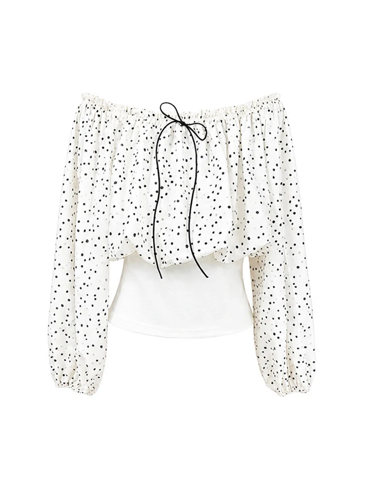 Korean Style One Shoulder Chiffon Cover up Women's Early Autumn 2026 New Polka Dot Outerwear High Waist Long Sleeve Top
