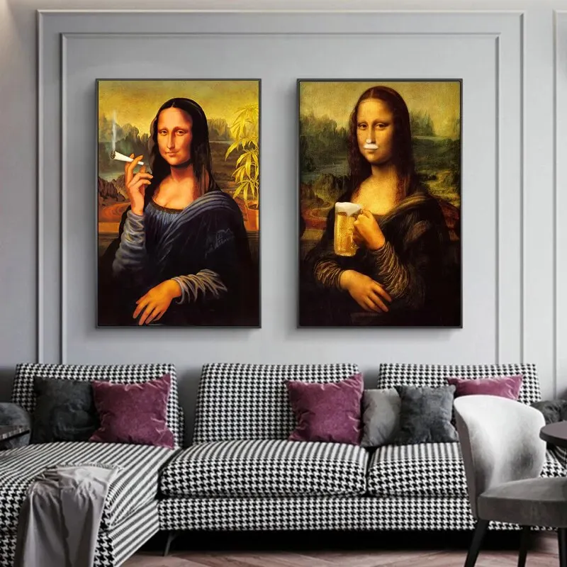 Humorous Mona Lisa Drinking and Smoking Canvas Poster  Da Vincis Famous Painting for Home Wall Decor  Funny Art Prints for Livin