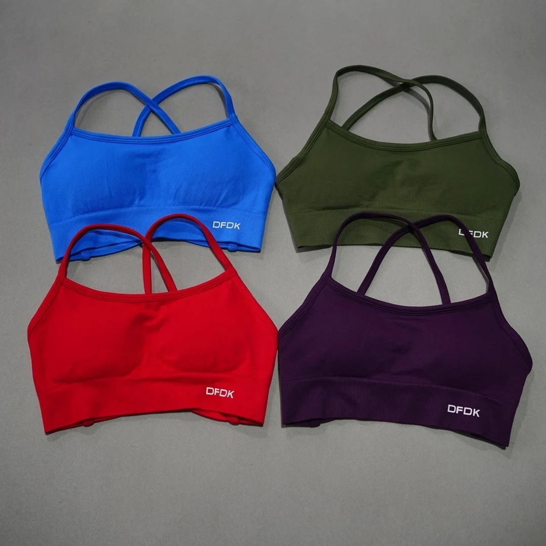 DFDK Women's Cross Back Yoga Bra, Seamless Wirefree Design, Push Up Support Removable Pads, Shockproof Fitness Top