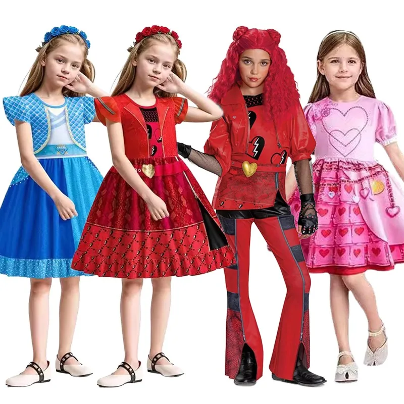 

Movie Descendants 4 Red Cosplay Costume Wigs Rise of Red Princess Girl Dress Clothing for Children Halloween Carnival Cosplays