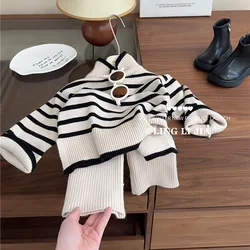 Children Girls Korean Striped Woolen Set 2023 Autumn Winter Little Girl High Neck Pullover Sweater+Wide Leg Pants 2-piece Set