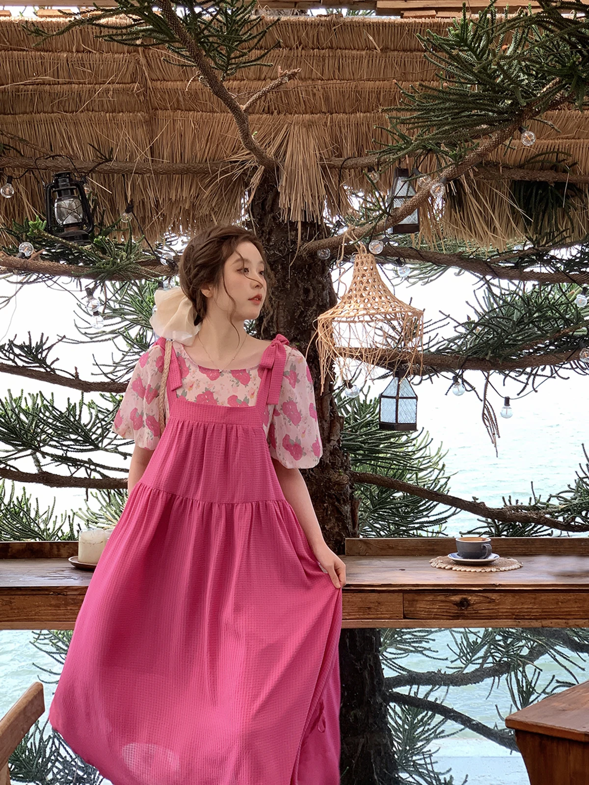 

plus Size Floral Print Short Sleeve round Neck Dress Set Pink Strapless Casual Loose Fit Summer Wear for Women High Waist