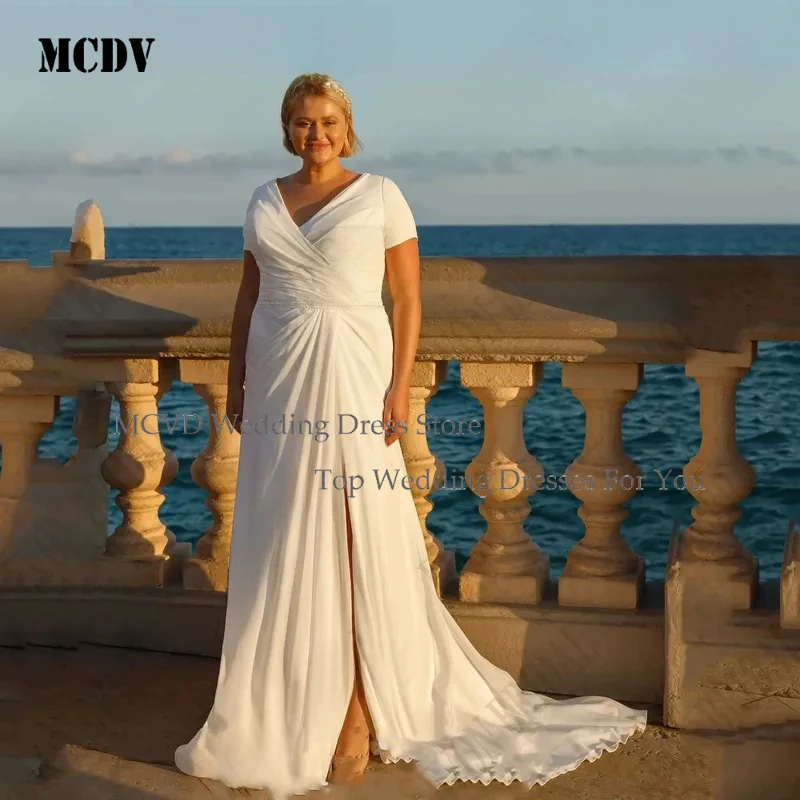 

MCDV Large Size Women Wedding Dress Chiffon Short Sleeves Mermaid Classic Side Split V Neck Customized Bridal Gown